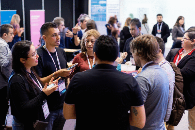 Engajamento em Eventos Cripto Pessoas interagindo em um evento de criptomoedas