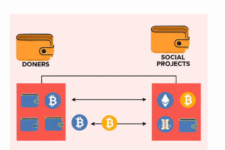 Financiamento Direto com Criptomoedas Gráfico mostrando o fluxo de criptomoedas diretamente para projetos sociais.