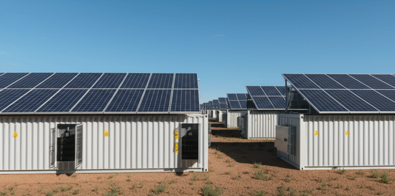 Mineração de Criptomoedas com Energia Solar Painéis solares alimentando uma fazenda de mineração de criptomoedas