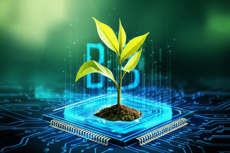 Blockchain e Sustentabilidade Ambiental Planta crescendo em um circuito eletrônico com o símbolo do blockchain.