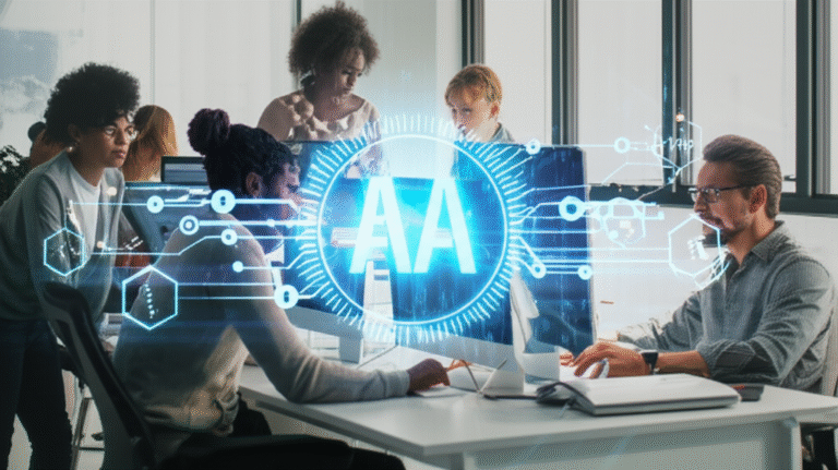 Colaboração em Cripto e IA Pessoas trabalhando em computadores conectados a blockchain e IA