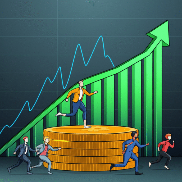 FOMO em Criptomoedas Gráfico de criptomoeda subindo rapidamente, representando o FOMO.