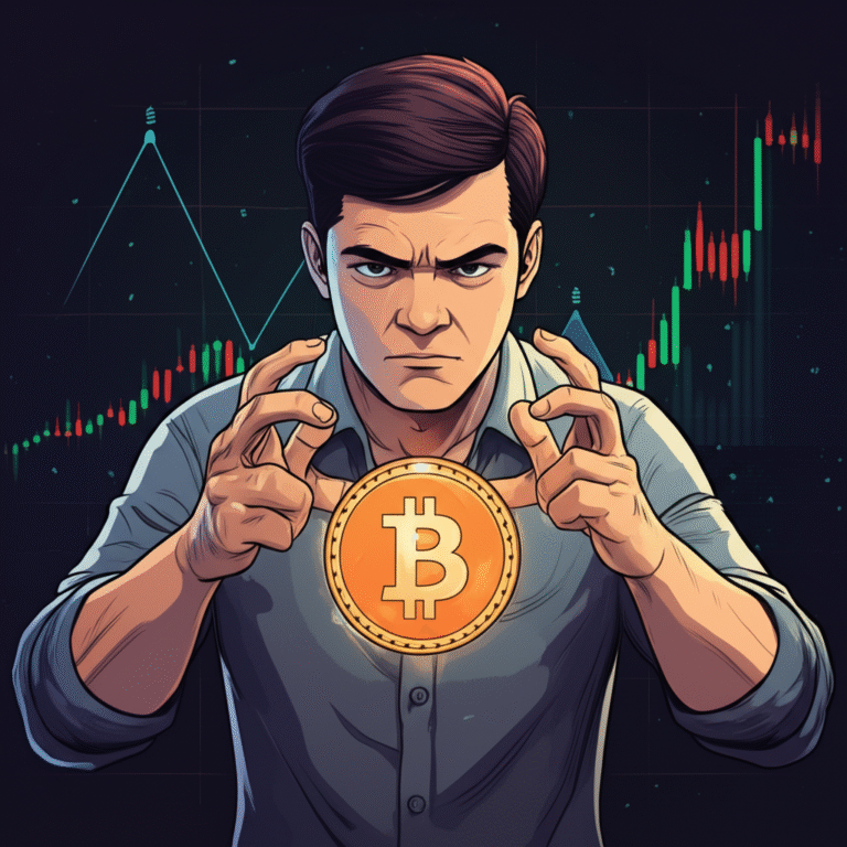 Ilusão de Controle no Mercado Cripto Pessoa tentando controlar um mercado de criptomoedas com as mãos, representando a ilusão de controle.