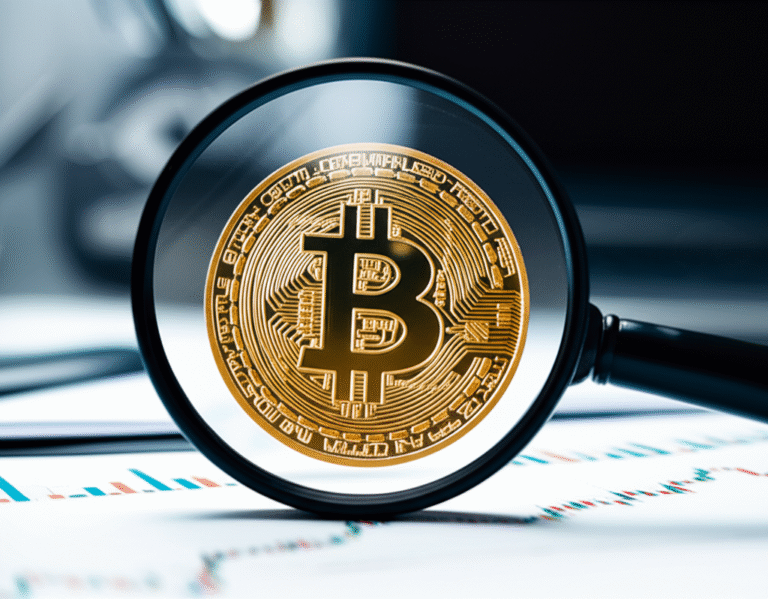 Análise de Criptomoedas Lupa sobre gráfico de criptomoeda