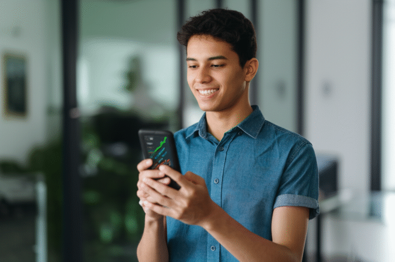 Interesse da Geração Z em Criptomoedas Jovem sorrindo olhando gráfico de criptomoedas