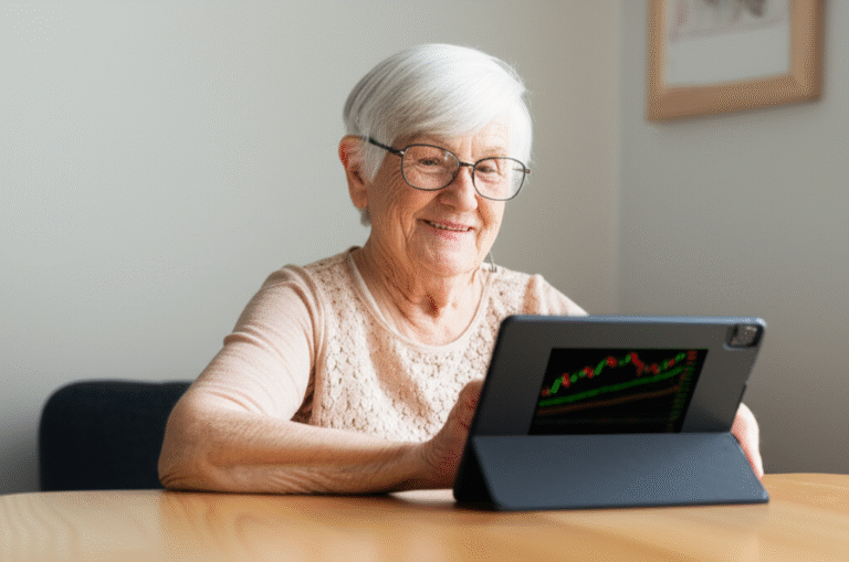 Aprendendo sobre Criptomoedas na Melhor Idade Senhora idosa sorrindo enquanto aprende sobre criptomoedas em um tablet.
