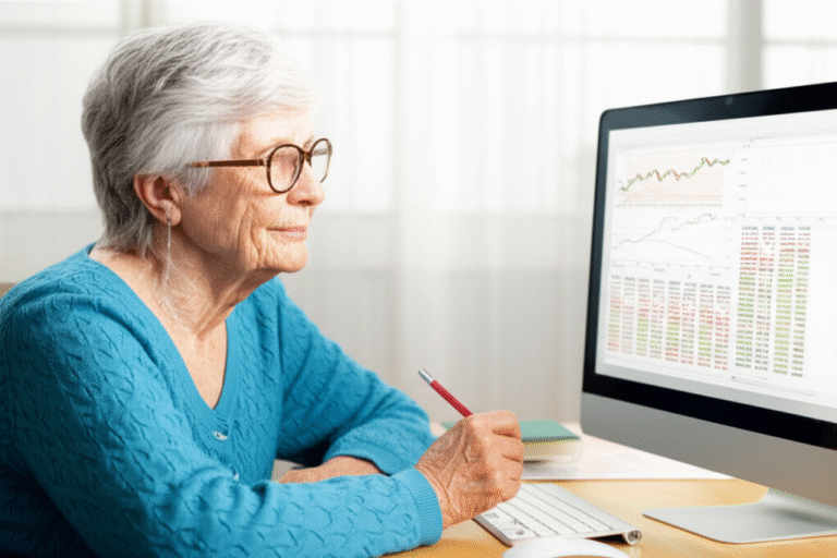 Analisando o Mercado Financeiro Idosa com óculos analisando gráficos financeiros em um computador.