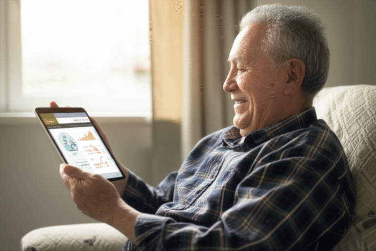 Geração 50+ e Criptomoedas Idoso sorrindo utilizando tablet para acompanhar criptomoedas