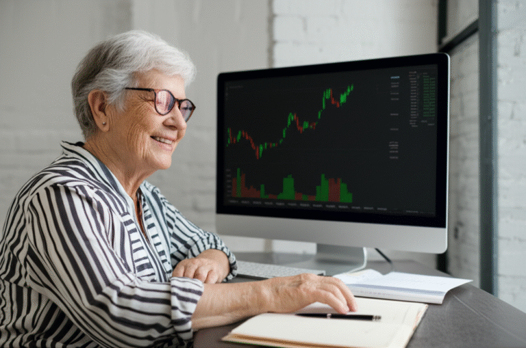 Aprendendo sobre Criptomoedas Mulher idosa sorrindo em frente a um computador com gráficos de criptomoedas