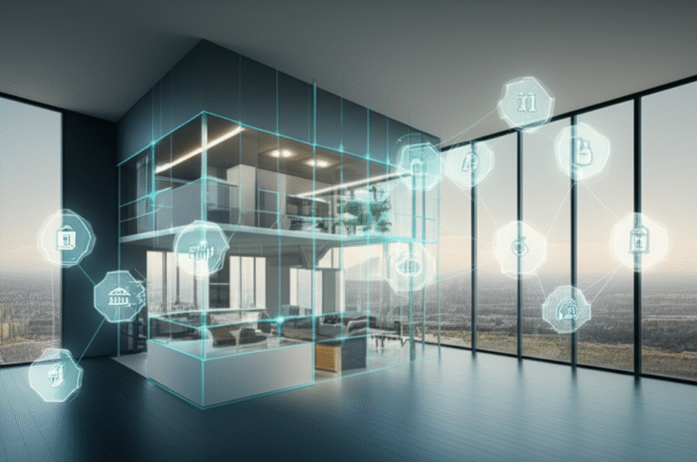 Apartamento moderno representado por tokens digitais na blockchain