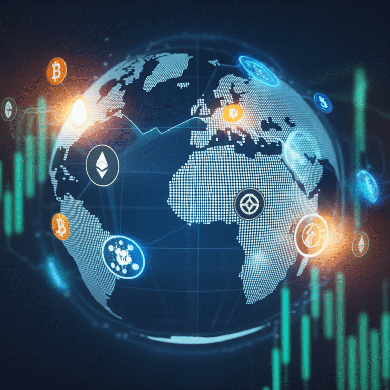 Integração Global das Criptomoedas Moedas criptográficas variadas sobre um fundo de mapa mundial, ilustrando a integração global.