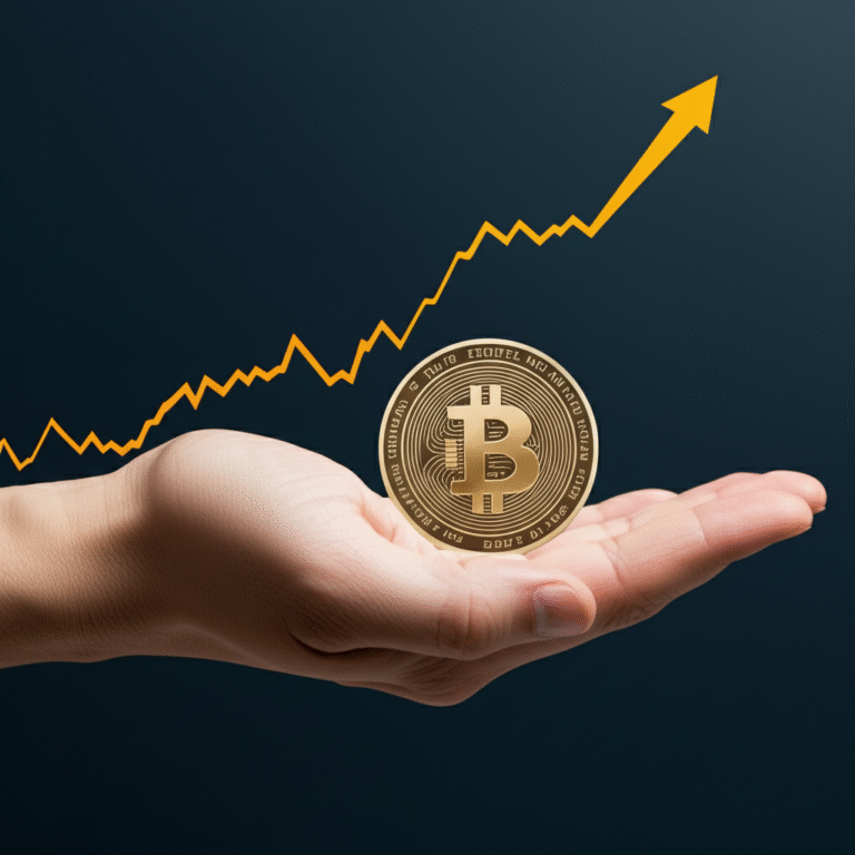 Mão segurando uma moeda cripto sobre um gráfico de crescimento