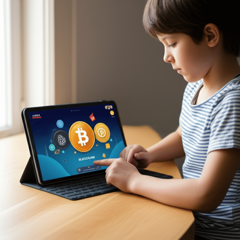Aprendendo sobre Criptomoedas Criança usando um tablet para aprender sobre criptomoedas