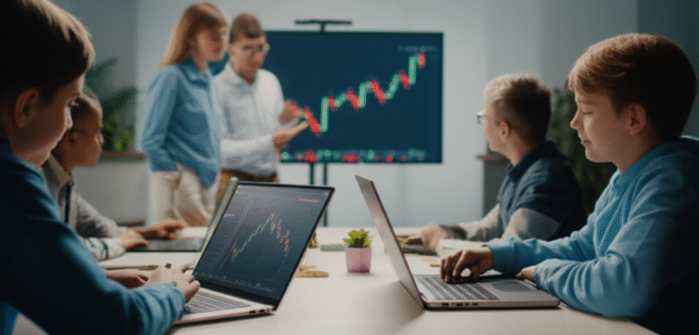 Gestão Financeira Digital Crianças aprendendo sobre gestão financeira com criptomoedas