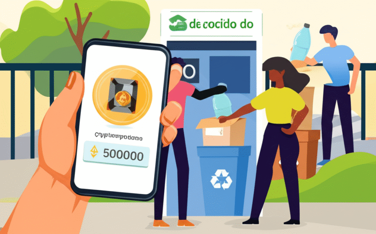 Recompensas em Criptomoedas para Reciclagem Pessoas reciclano e ganhando criptomoedas como recompensa