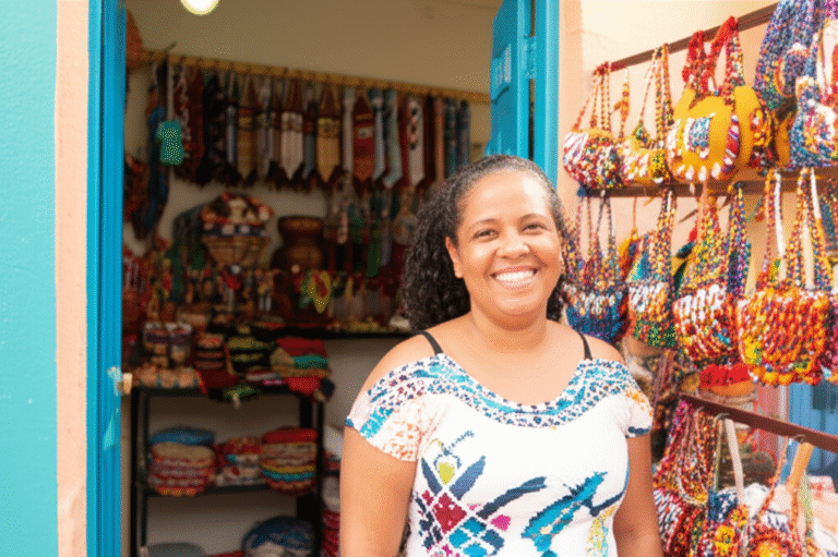 Empreendedora local com seu negócio. Mulher em frente a sua loja de artesanato, sorrindo.