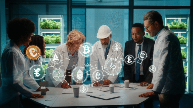 Colaboração para um Futuro Sustentável Pessoas colaborando em um projeto de economia circular com criptomoedas