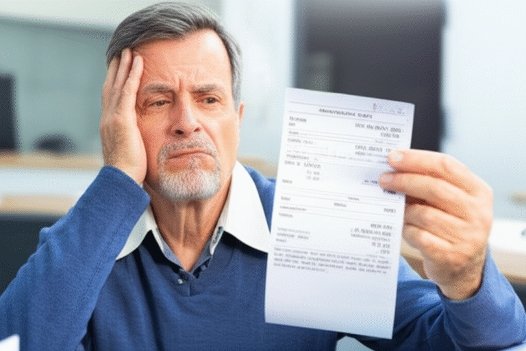 Altas Taxas em Remessas Tradicionais Homem frustrado olhando para um recibo de remessa com altas taxas.