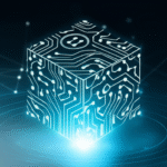 Mãos segurando um token digital brilhante em frente a um gráfico de blockchain.