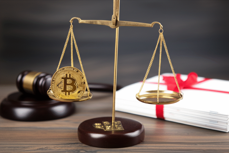 Regulação e Criptomoedas: Um Equilíbrio Balança da justiça com uma moeda de criptomoeda