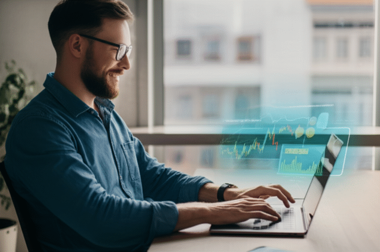Trabalho Remoto e Criptomoedas Homem trabalhando remotamente com laptop e criptomoedas