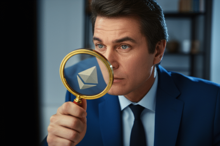 Análise e Estratégia Cripto Investidor analisando gráficos de criptomoedas com lupa