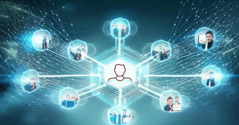 Ilustração futurista de uma DAO impactando diferentes setores da economia.