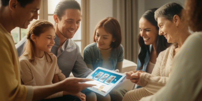 Família reunida olhando para um álbum de fotos tokenizado em um tablet.