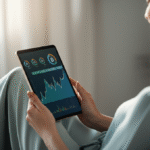 Mulher sorrindo usando tablet com gráfico de criptomoedas