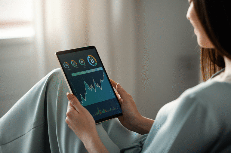 Mulher sorrindo usando tablet com gráfico de criptomoedas