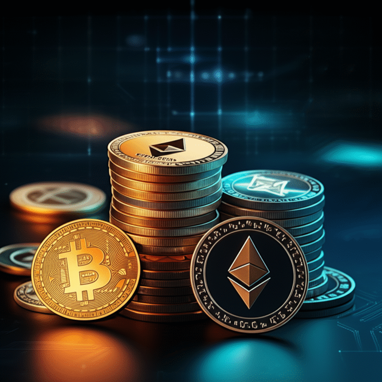 Moedas cripto empilhadas, simbolizando o staking