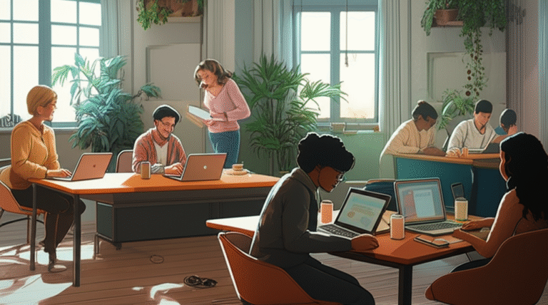 Futuro do Trabalho Colaborativo Pessoas trabalhando juntas em um espaço de coworking