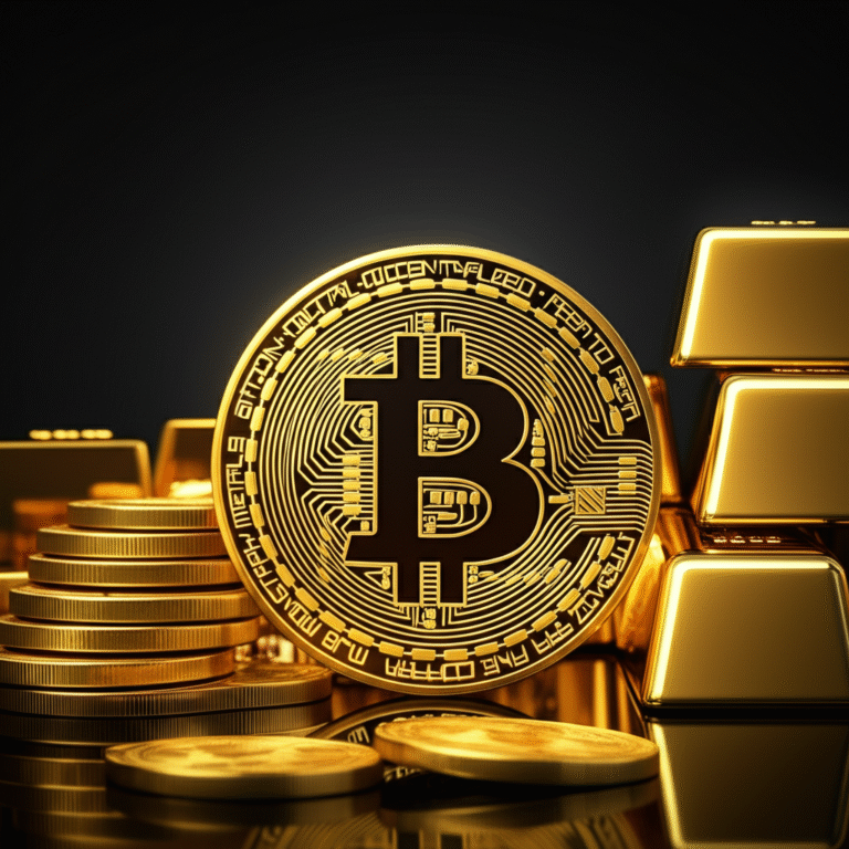 Moeda Bitcoin flutuando acima de uma pilha de moedas de ouro