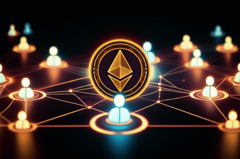 Pessoas conectadas em rede digital com símbolo de criptomoeda no centro