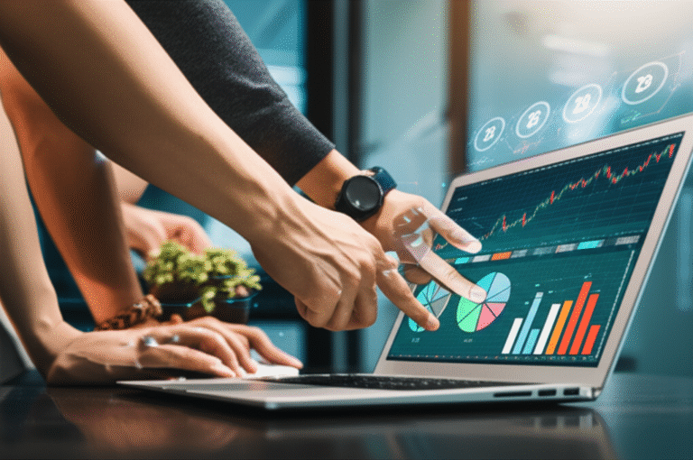 Pessoas trabalhando em conjunto em um laptop, com gráficos de criptomoedas ao fundo