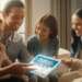 Família reunida olhando para um álbum de fotos tokenizado em um tablet.